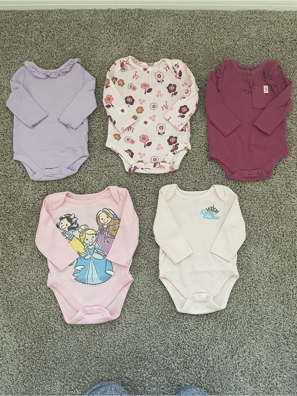 Long-Sleeve Floral and Solid One-Piece Bodysuits - Pink, Purple, Mauve